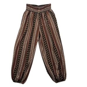 Womens Boho Smocked Waist Harem Pants Brown Floral Geometric‎ Stripe Joggers